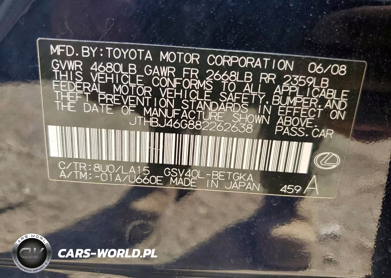 2008 Lexus Es 350 VIN:JTHBJ46G882262638 - 12