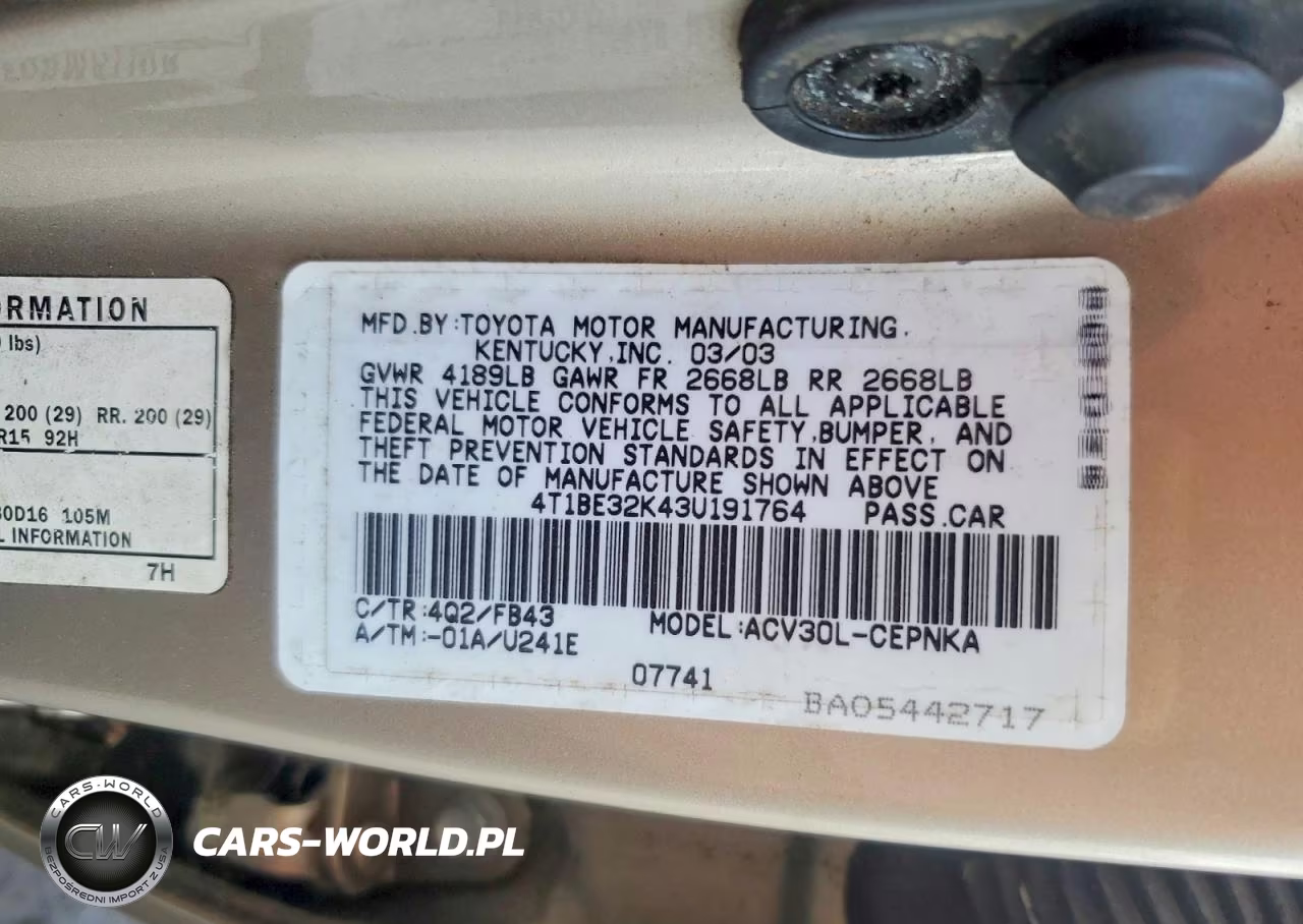 2003 Toyota Camry Le VIN:4T1BE32K43U191764 - 13