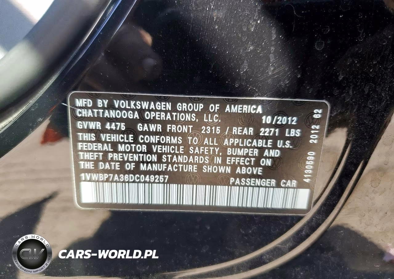 2013 Volkswagen Passat Se VIN:1VWBP7A36DC049257 - 12