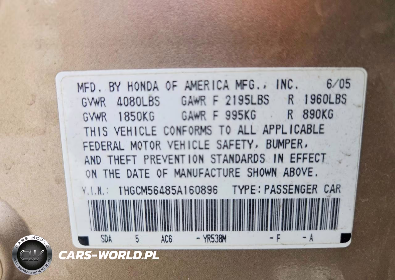 2005 Honda Accord Lx VIN:1HGCM56485A160896 - 12