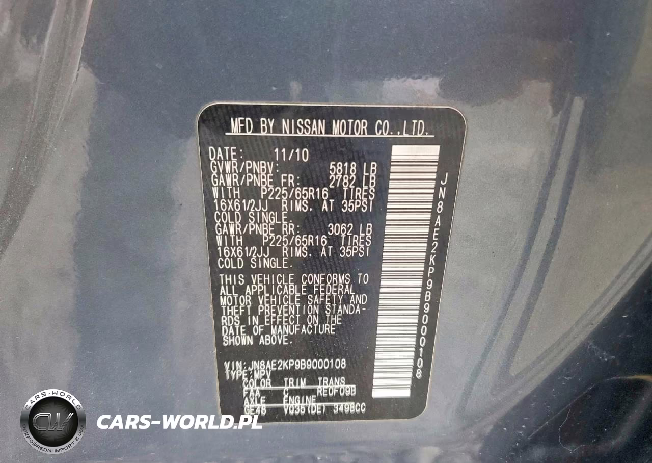 2011 Nissan Quest 3.5 S VIN:JN8AE2KP9B9000108 - 13