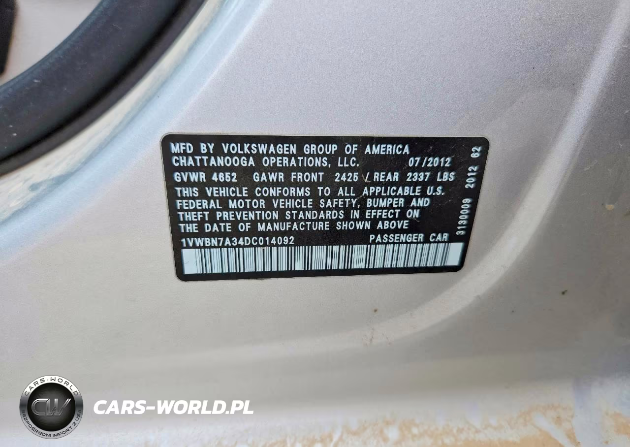 2013 Volkswagen Passat Se VIN:1VWBN7A34DC014092 - 12