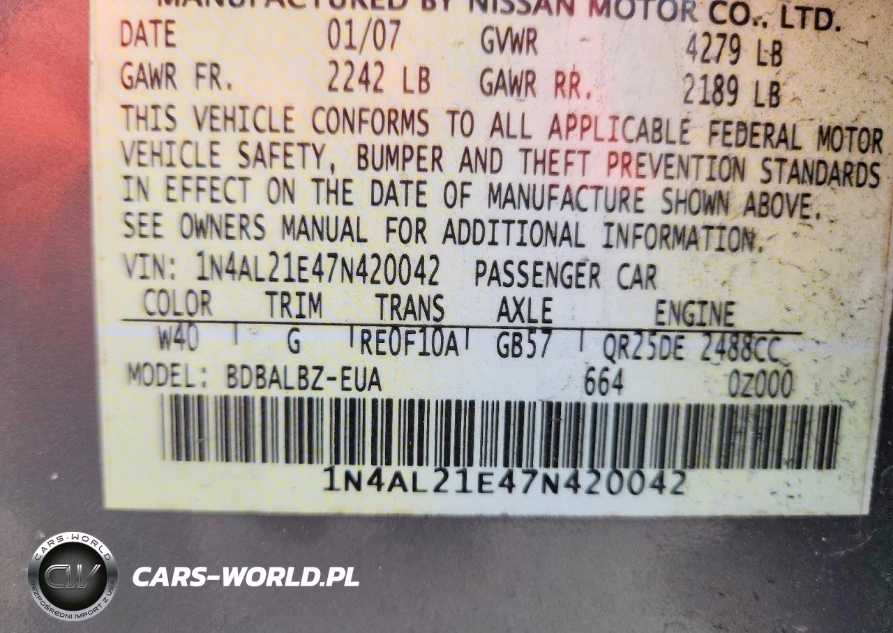 2007 Nissan Altima 2.5 VIN:1N4AL21E47N420042 - 12