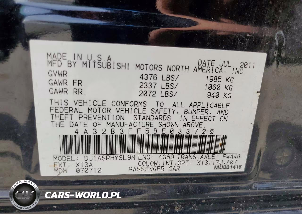 2011 Mitsubishi Galant Es VIN:4A32B3FF5BE033725 - 12