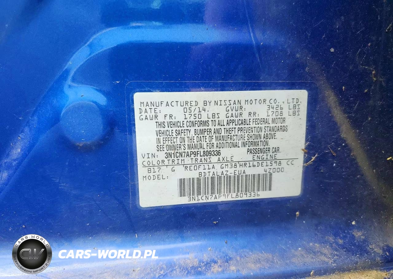 2015 Nissan Versa 1.6 S Plus VIN:3N1CN7AP9FL809336 - 12