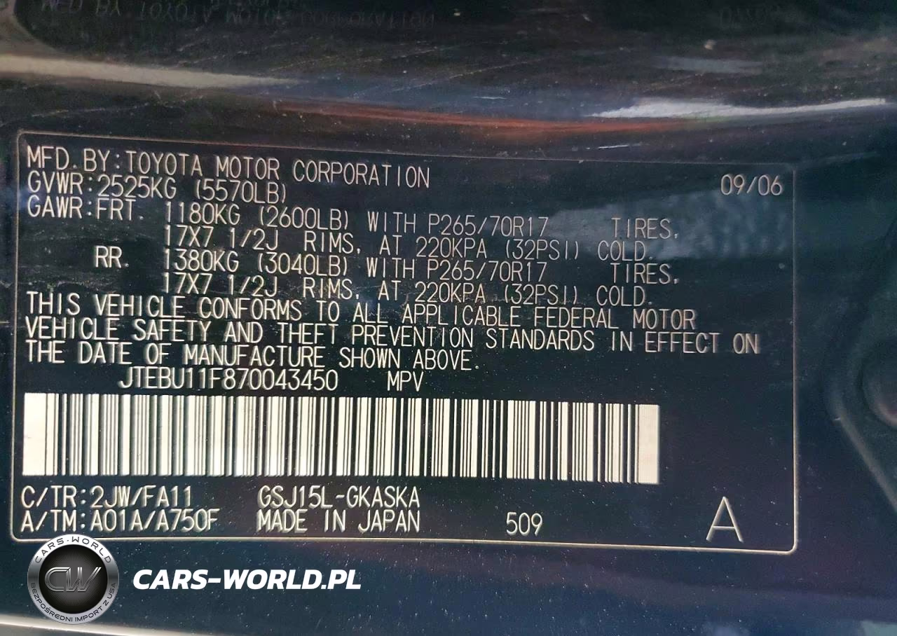 2007 Toyota Fj Cruiser Base VIN:JTEBU11F870043450 - 13