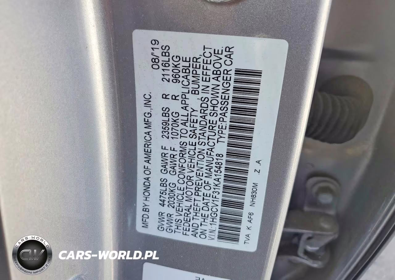 2019 Honda Accord Sport VIN:1HGCV1F31KA154818 - 12