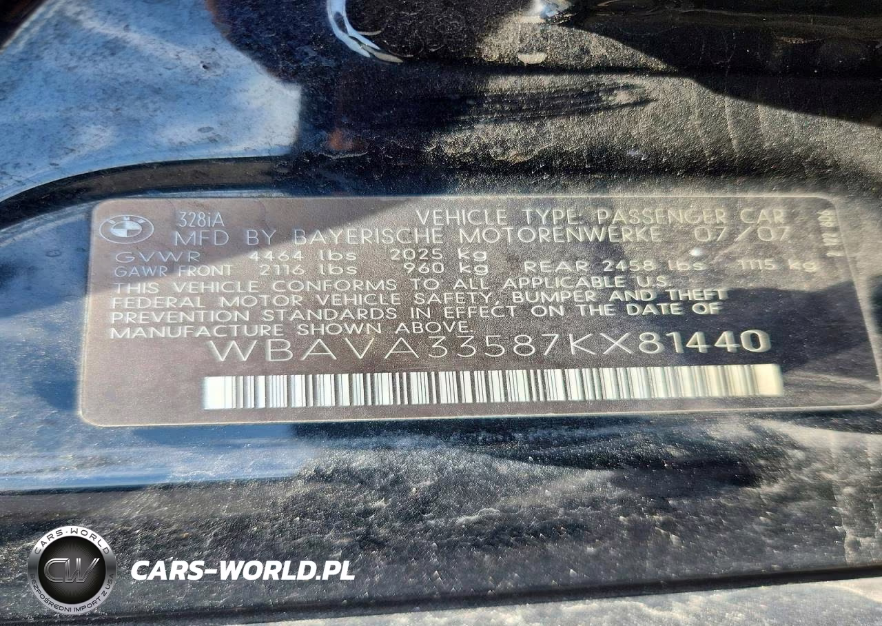 2007 BMW 328 I VIN:WBAVA33587KX81440 - 12