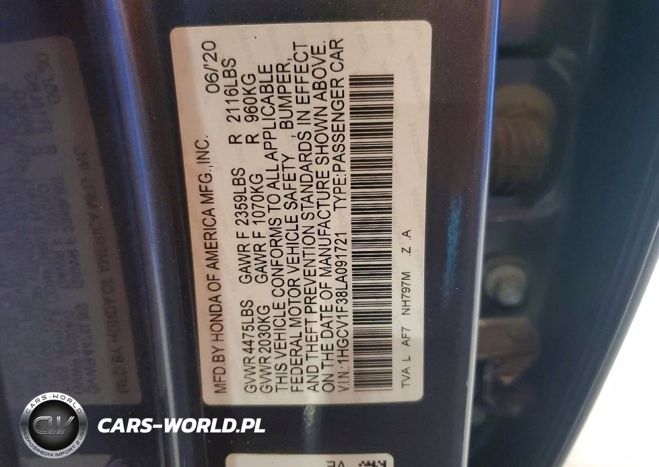 2020 Honda Accord Sport VIN:1HGCV1F38LA091721 - 12