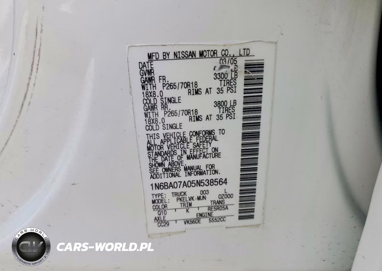 2005 Nissan Titan Xe VIN:1N6BA07A05N538564 - 12
