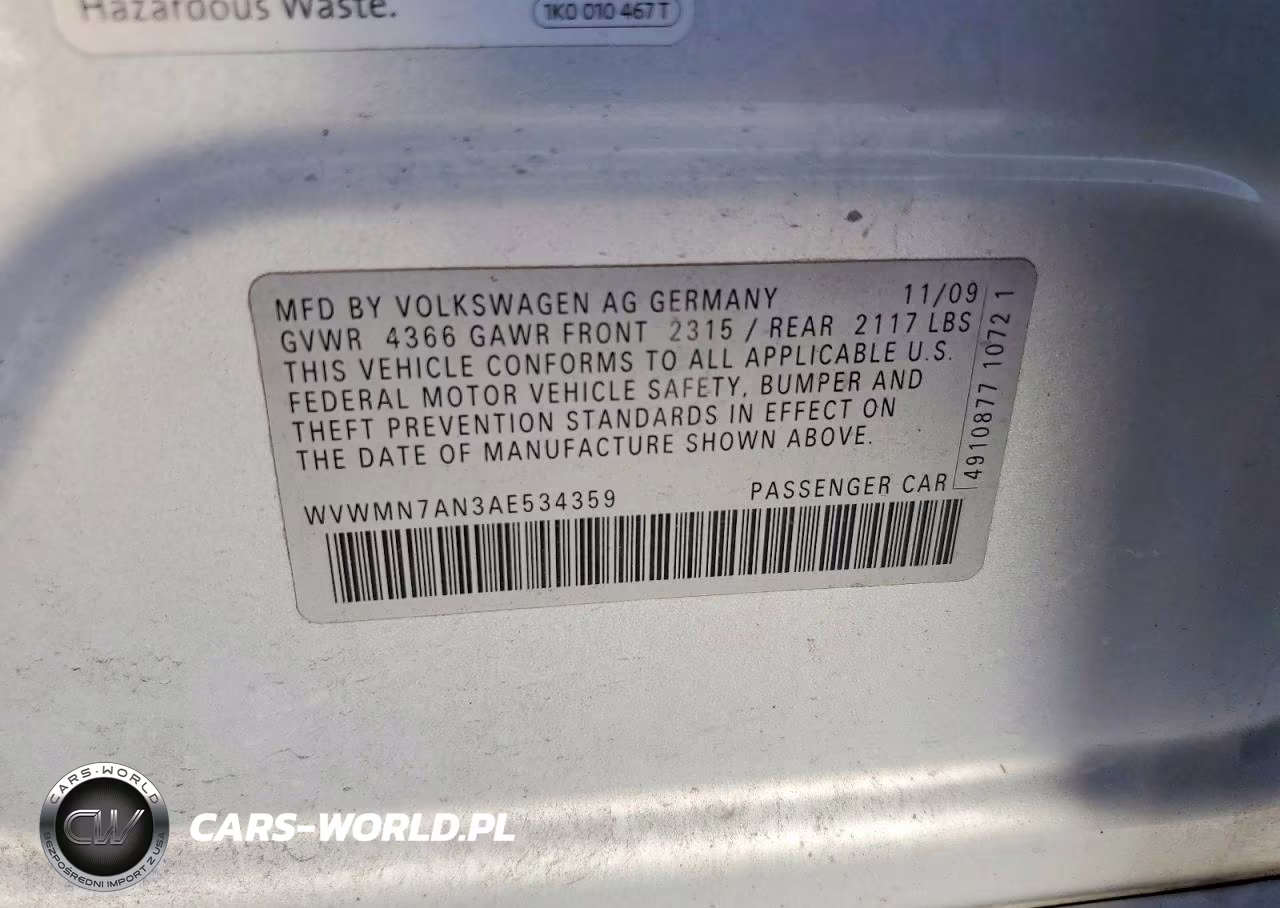 2010 Volkswagen Cc Sport VIN:WVWMN7AN3AE534359 - 12