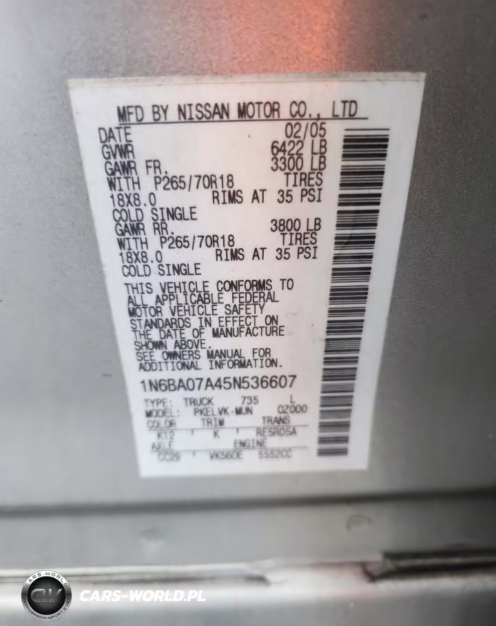 2005 Nissan Titan Xe VIN:1N6BA07A45N536607 - 12