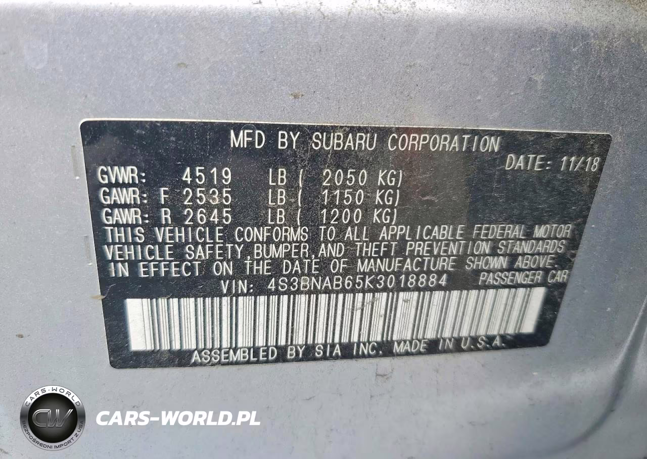 2019 Subaru Legacy 2.5I VIN:4S3BNAB65K3018884 - 12