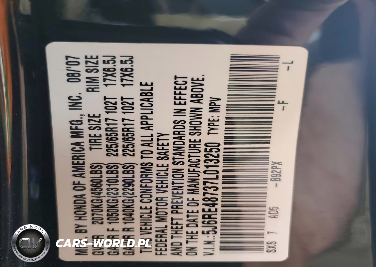 2007 Honda Cr-V Exl VIN:5J6RE48737L013250 - 14