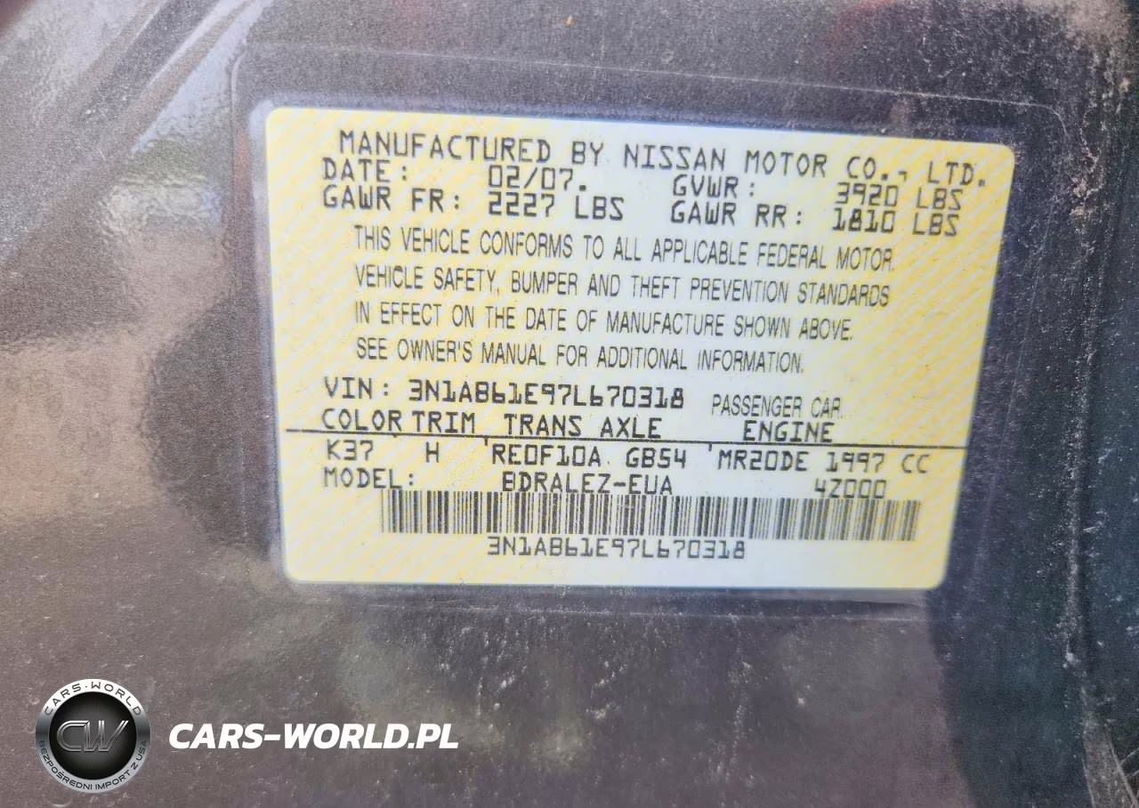 2007 Nissan Sentra 2.0 VIN:3N1AB61E97L670318 - 12