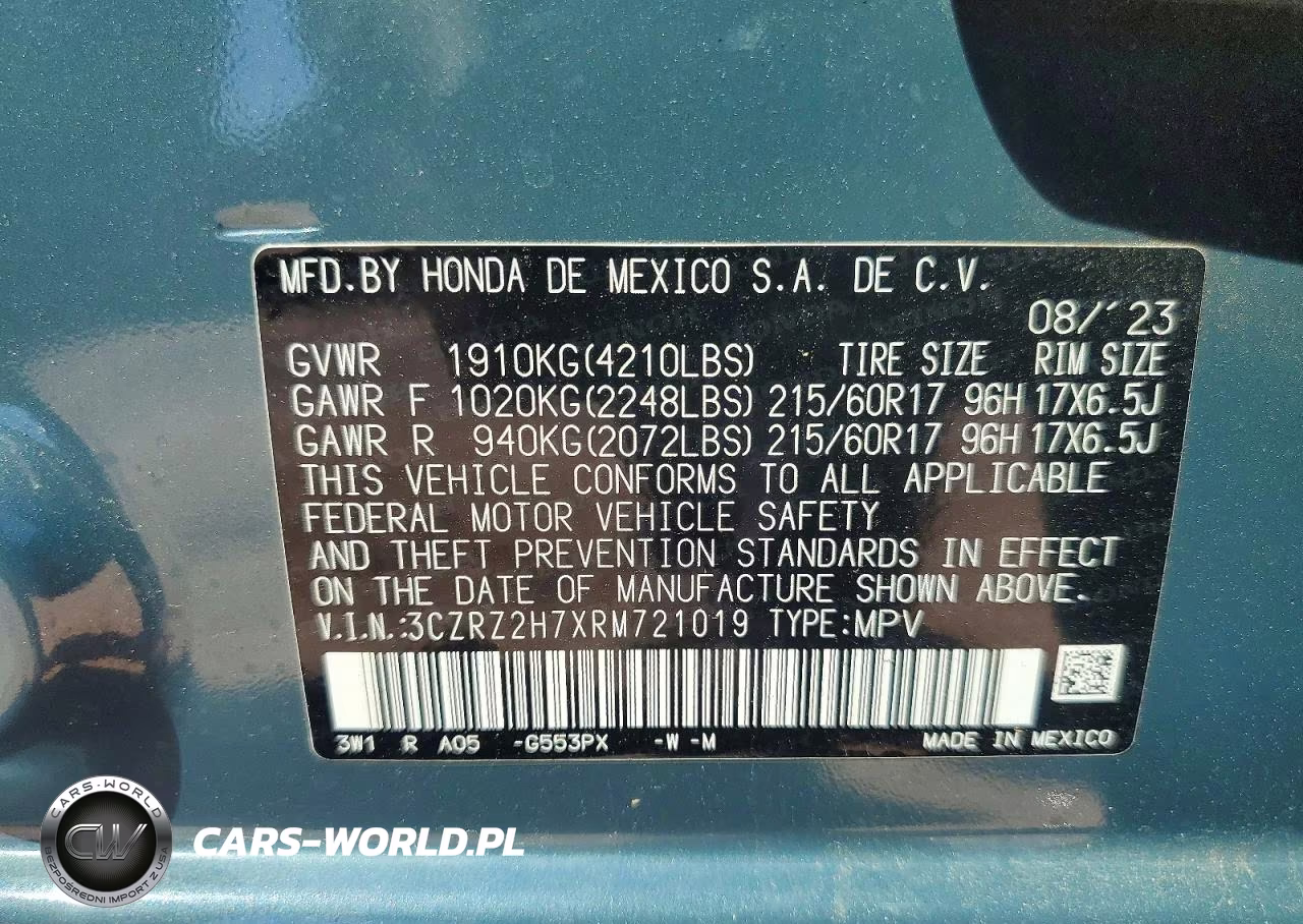 2024 Honda Hr-V Exl VIN:3CZRZ2H7XRM721019 - 13