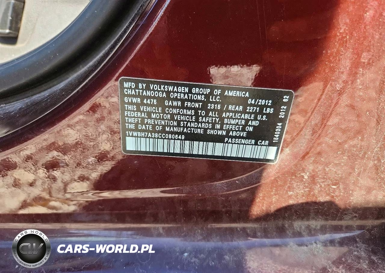 2012 Volkswagen Passat Se VIN:1VWBH7A38CC080649 - 12
