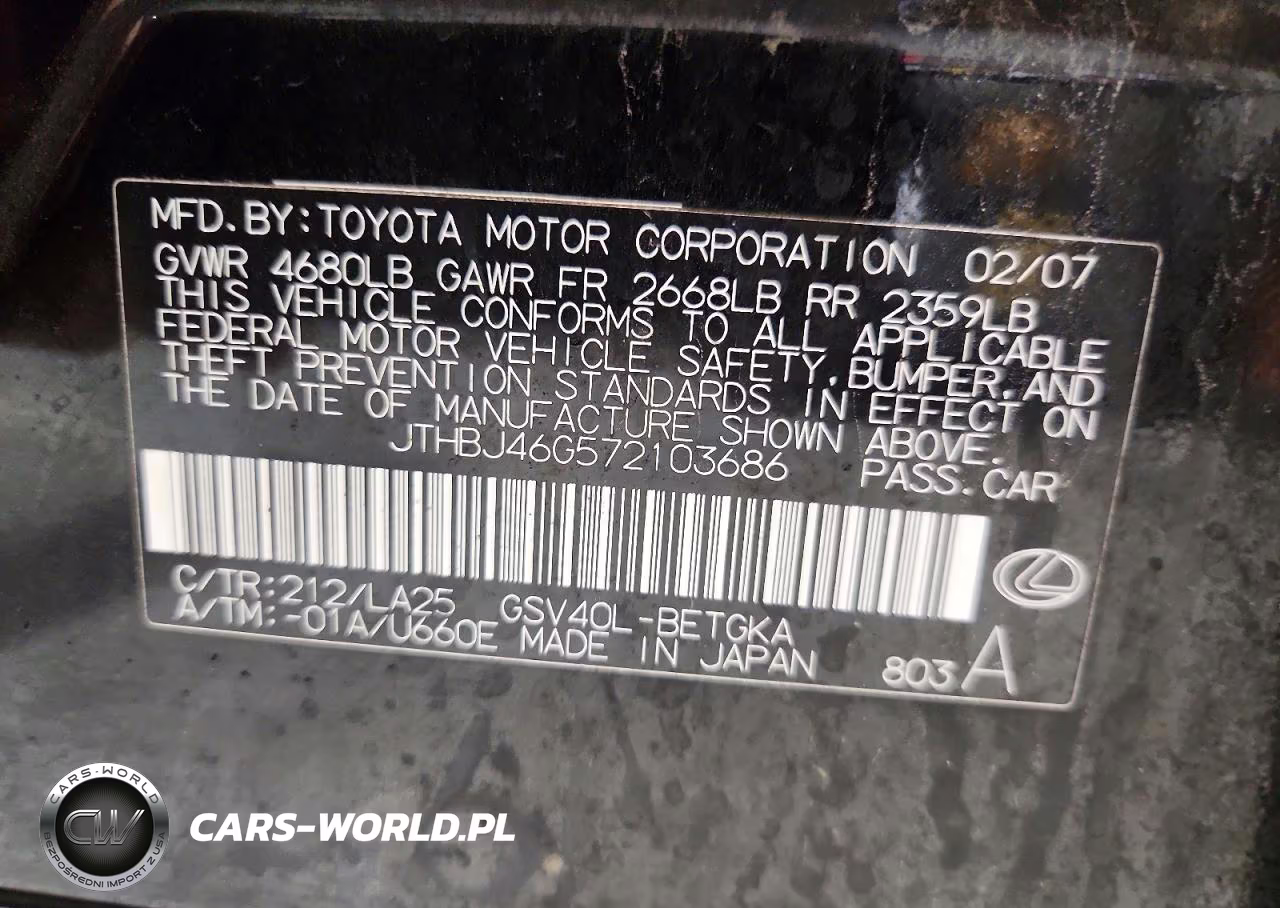 2007 Lexus Es 350 VIN:JTHBJ46G572103686 - 12