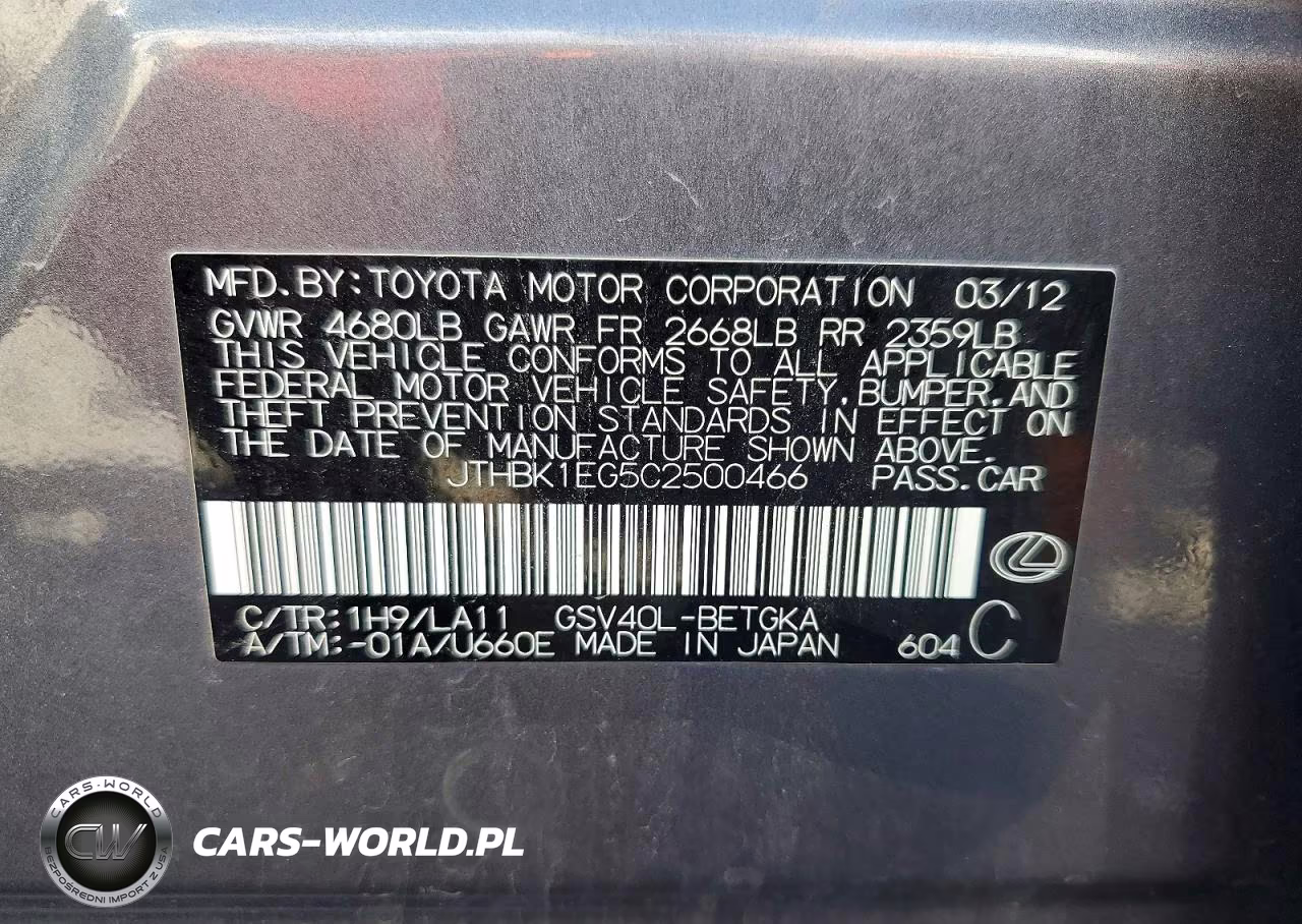 2012 Lexus Es 350 VIN:JTHBK1EG5C2500466 - 12