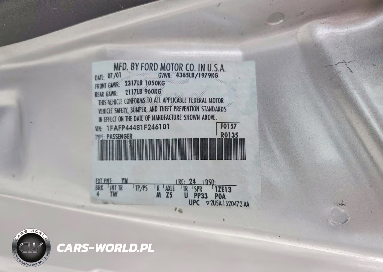 2001 Ford Mustang VIN:1FAFP44481F246101 - 12