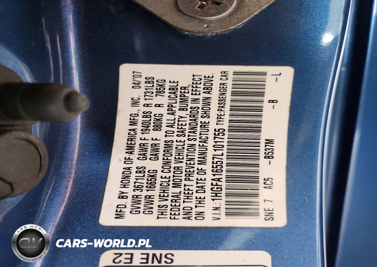 2007 Honda Civic Lx VIN:1HGFA16557L101755 - 12