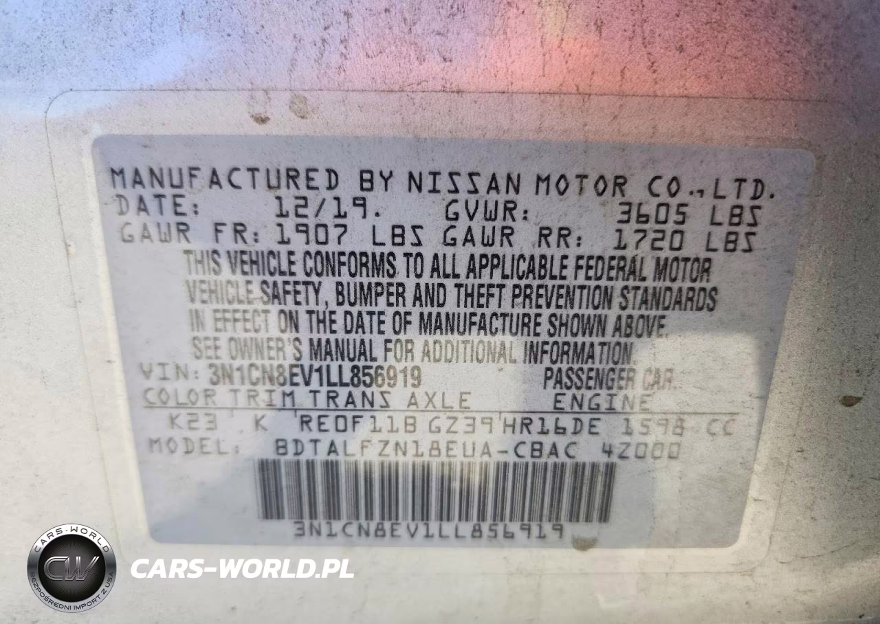 2020 Nissan Versa Sv VIN:3N1CN8EV1LL856919 - 12