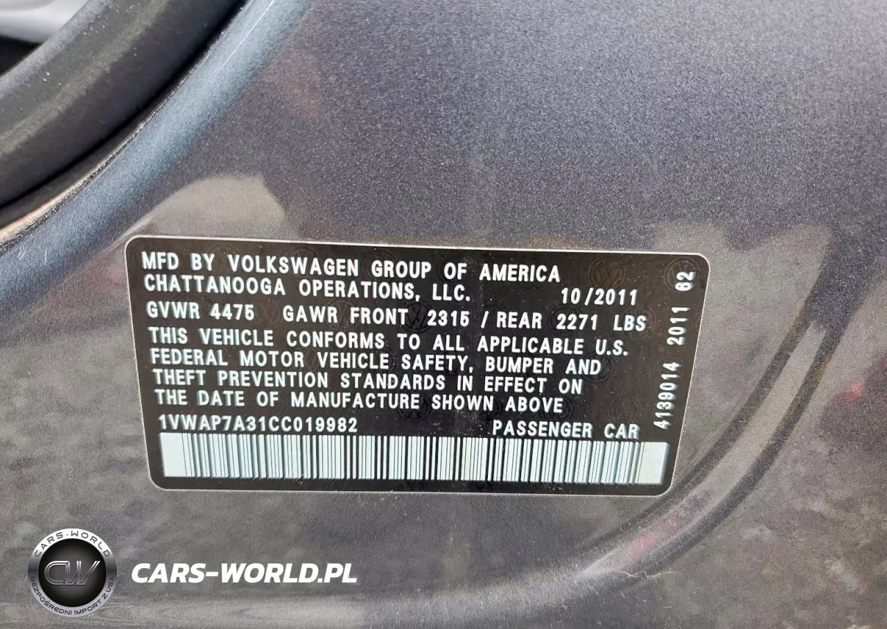 2012 Volkswagen Passat S VIN:1VWAP7A31CC019982 - 13