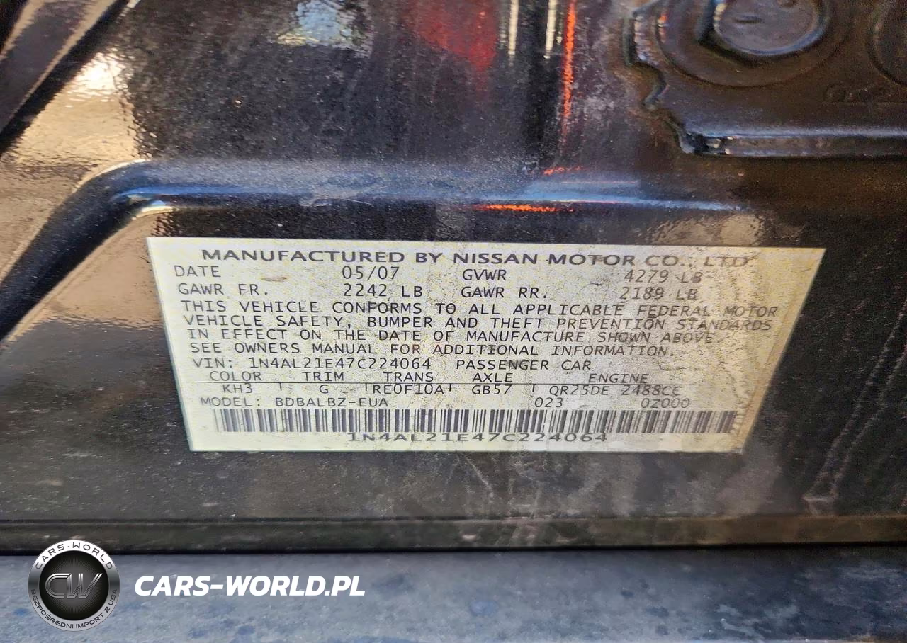 2007 NISSAN ALTIMA 2.5 S VIN:1N4AL21E47C224064 - 12
