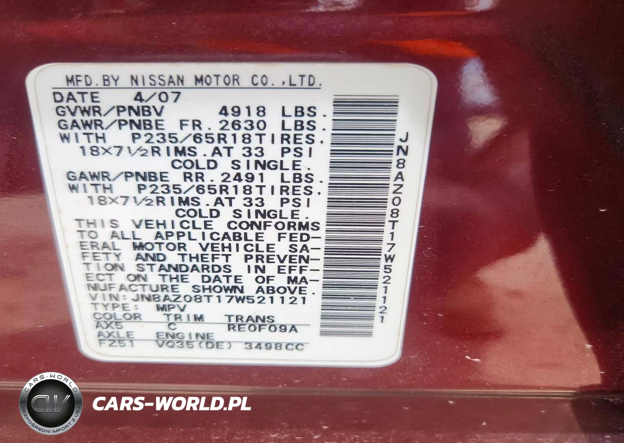 2007 Nissan Murano S VIN:JN8AZ08T17W521121 - 14