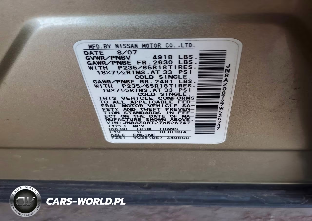 2007 Nissan Murano S VIN:JN8AZ08T27W526747 - 13