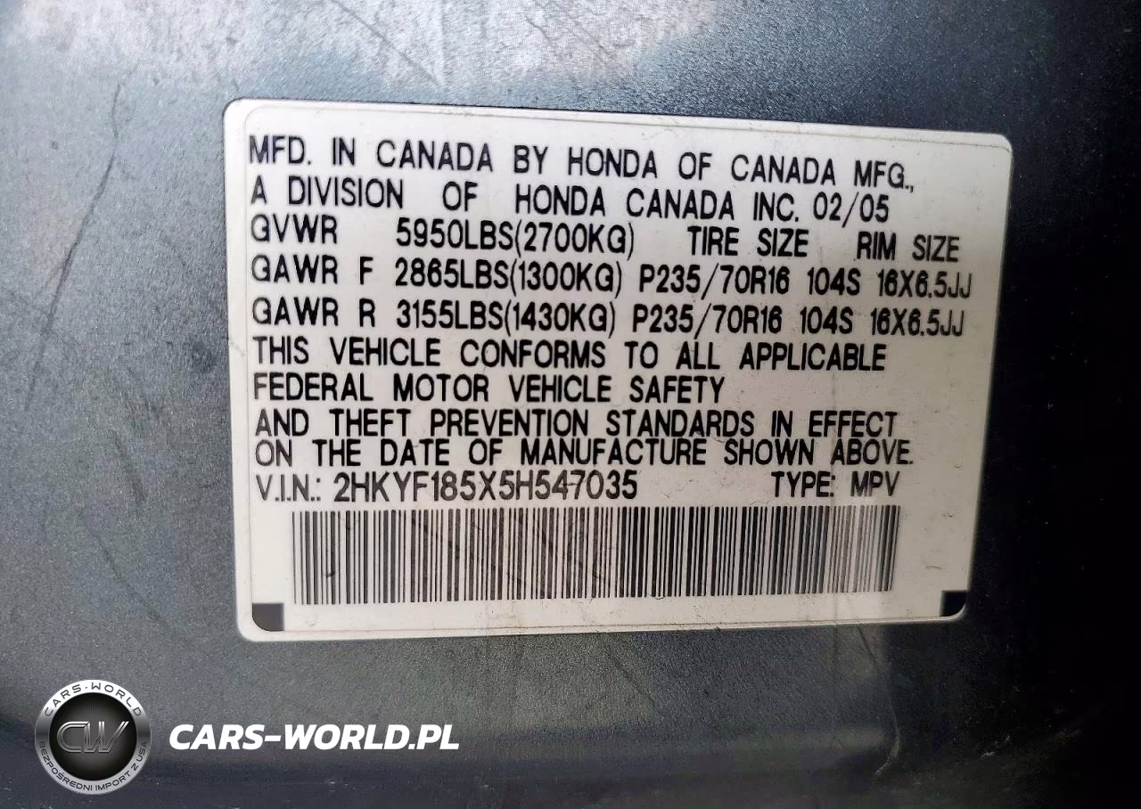 2005 Honda Pilot Exl VIN:2HKYF185X5H547035 - 12
