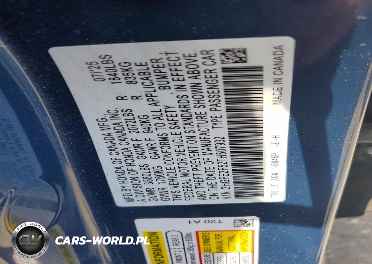 2026 Honda Civic Sport VIN:2HGFE2F52TH507932 - 12