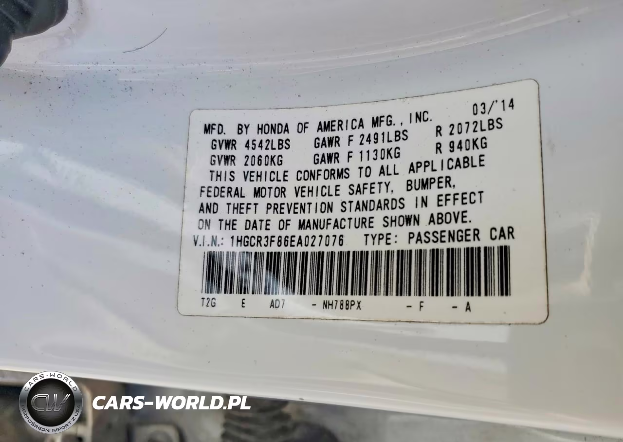 2014 Honda Accord Exl VIN:1HGCR3F86EA027076 - 12
