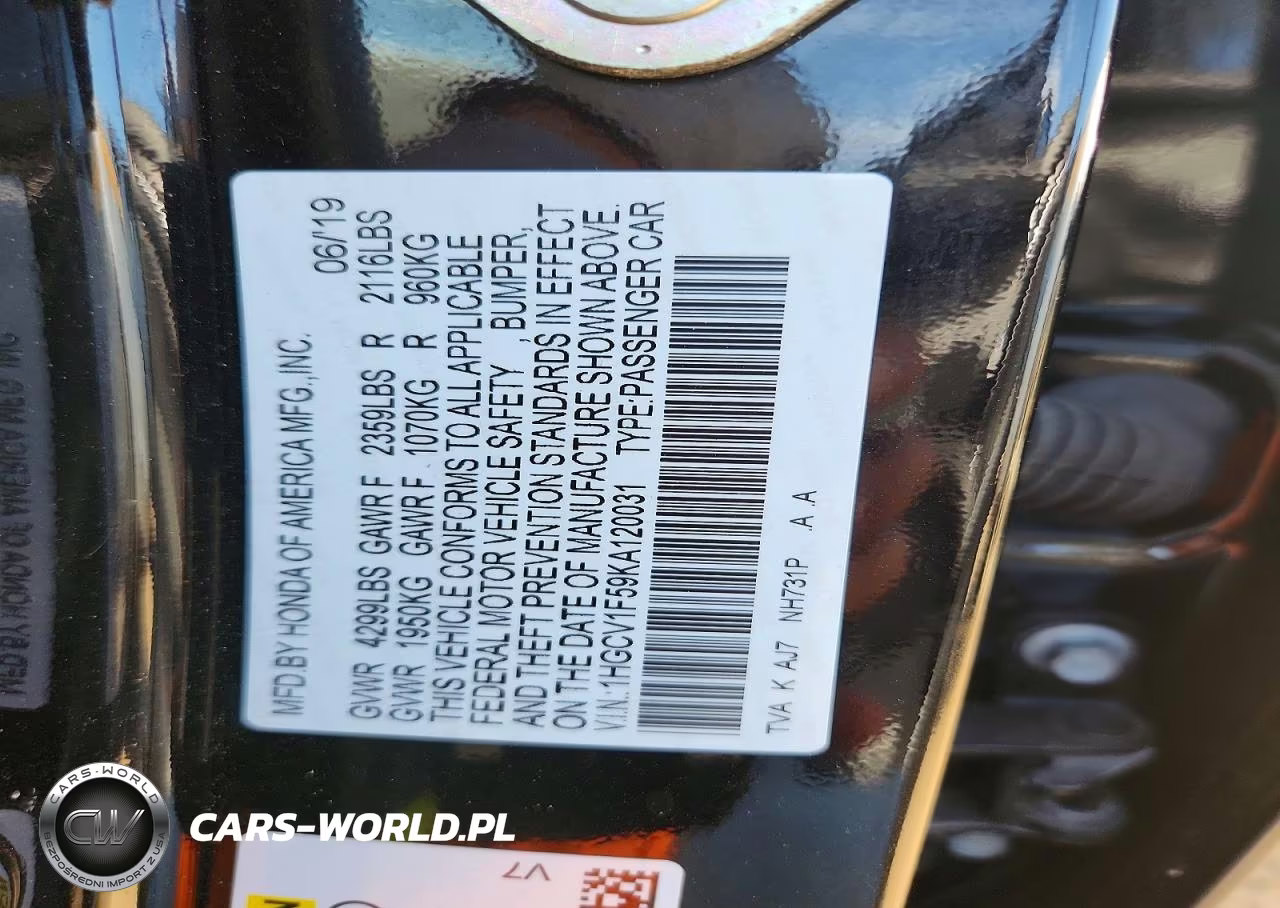 2019 Honda Accord Exl VIN:1HGCV1F59KA120031 - 12