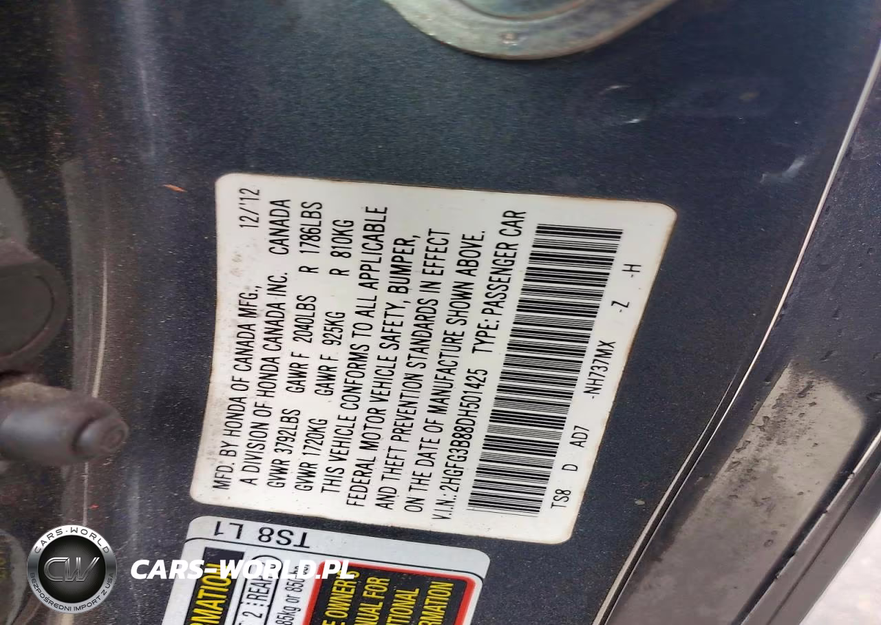 2013 Honda Civic Ex VIN:2HGFG3B88DH501425 - 13