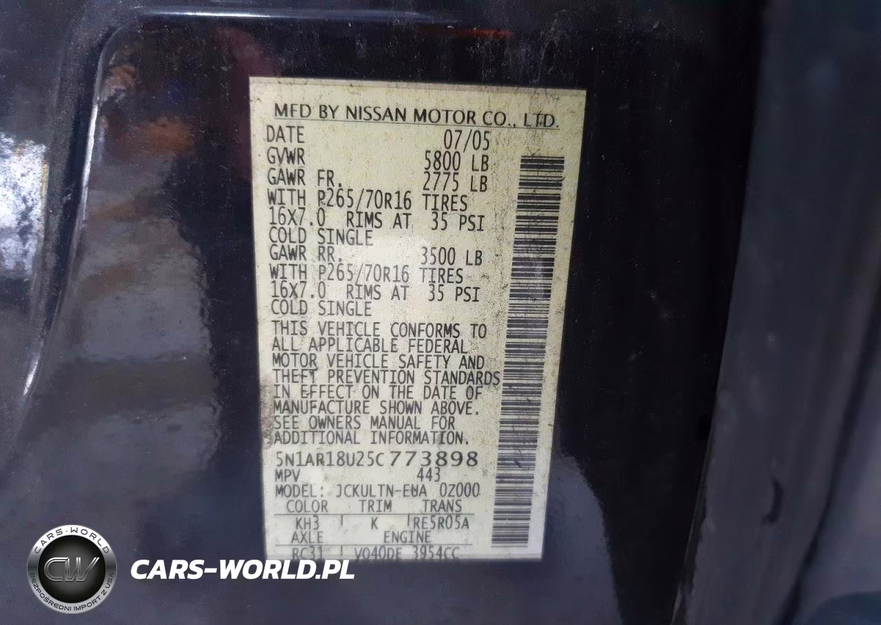 2005 Nissan Pathfinder Xe VIN:5N1AR18U25C773898 - 12