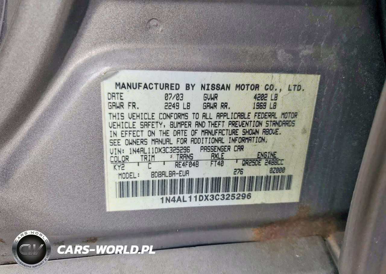 2003 Nissan Altima 2.5 VIN:1N4AL11DX3C325296 - 12