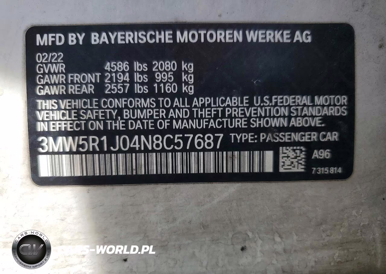 2022 BMW 330I VIN:3MW5R1J04N8C57687 - 12