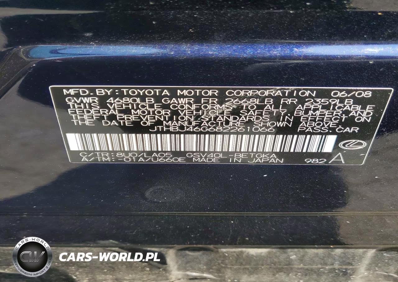 2008 Lexus Es 350 VIN:JTHBJ46G682261066 - 12