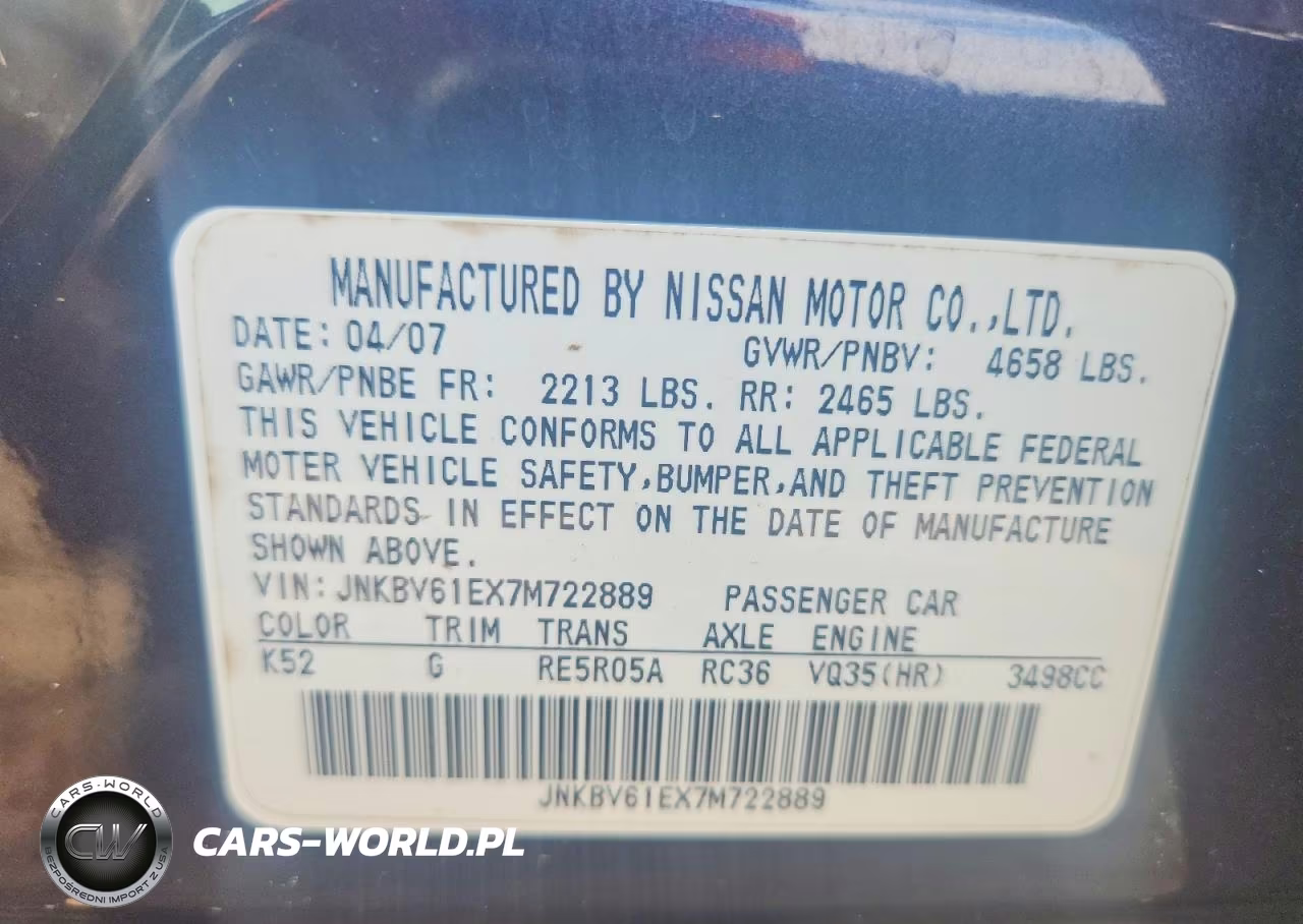2007 Infiniti G35 Base VIN:JNKBV61EX7M722889 - 12