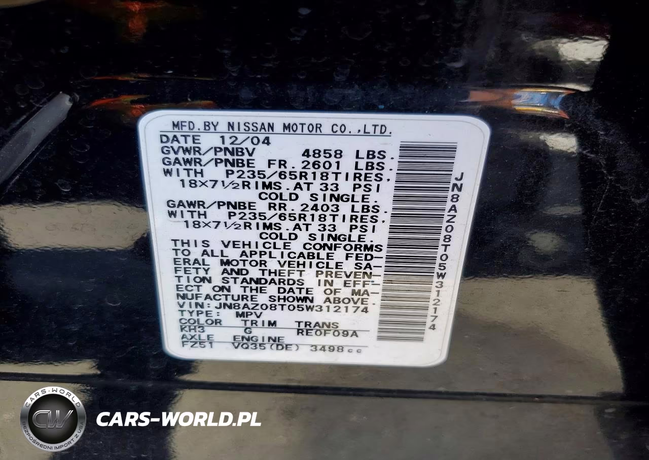 2005 Nissan Murano S VIN:JN8AZ08T05W312174 - 12