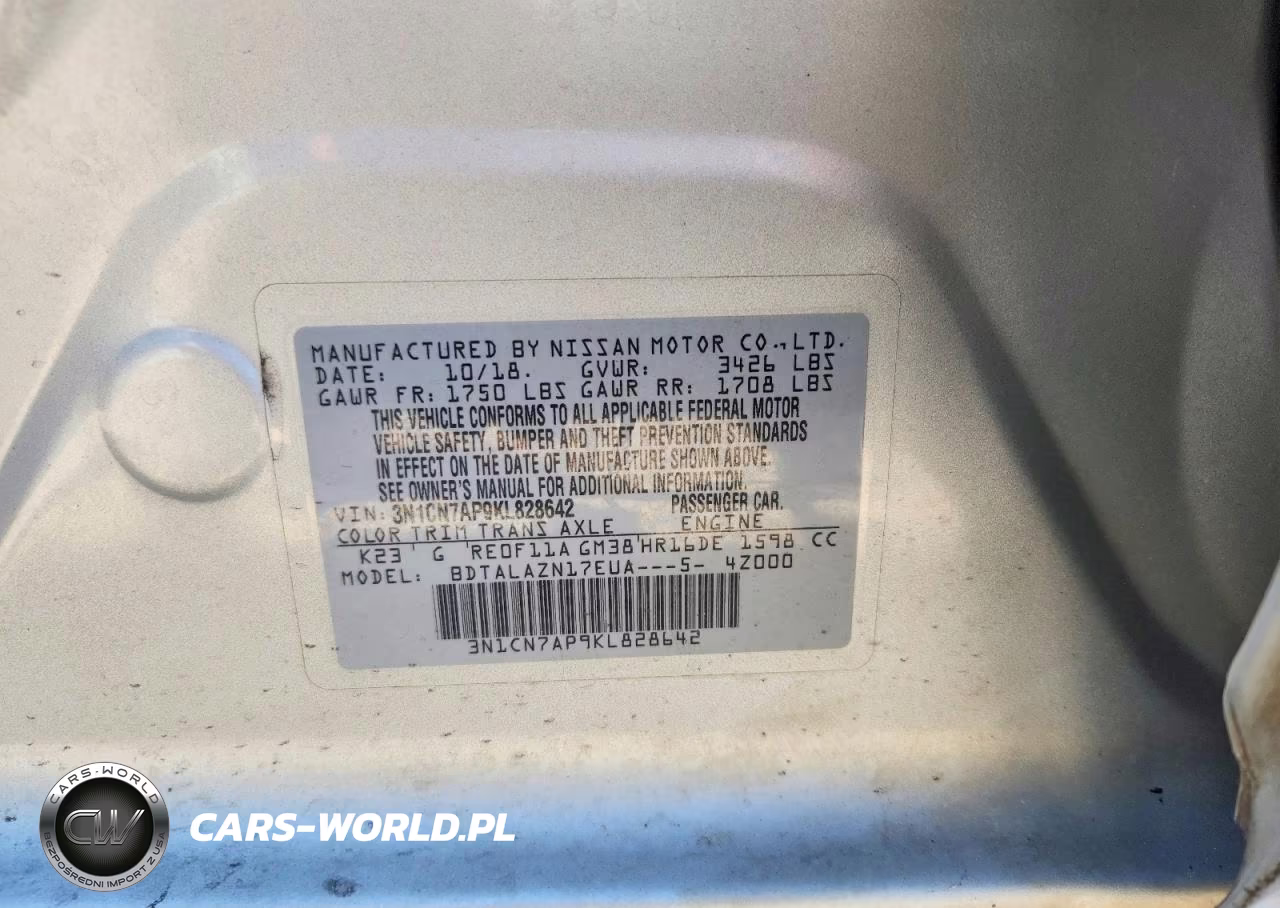 2019 Nissan Versa S Plus VIN:3N1CN7AP9KL828642 - 12