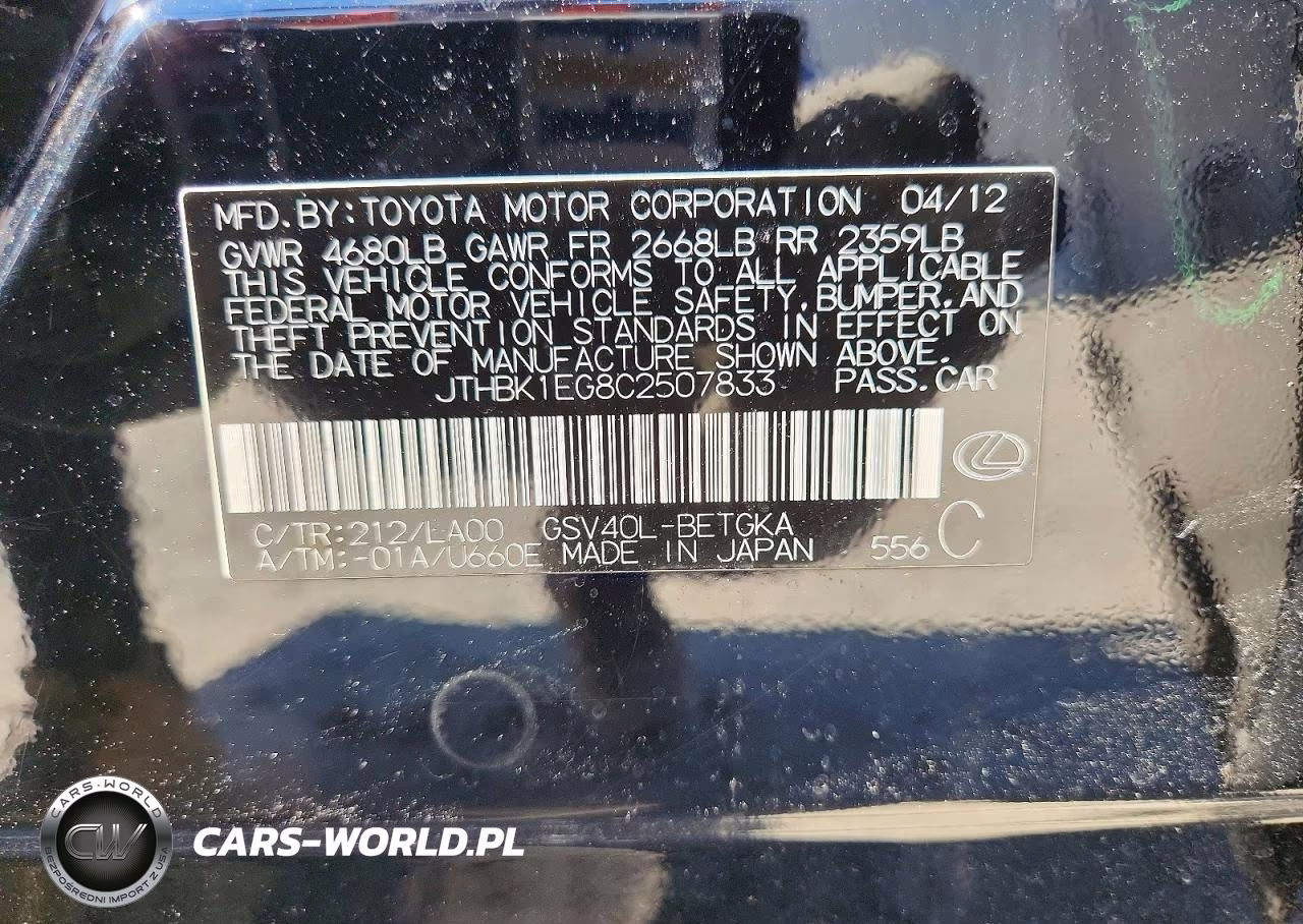 2012 Lexus Es 350 VIN:JTHBK1EG8C2507833 - 13