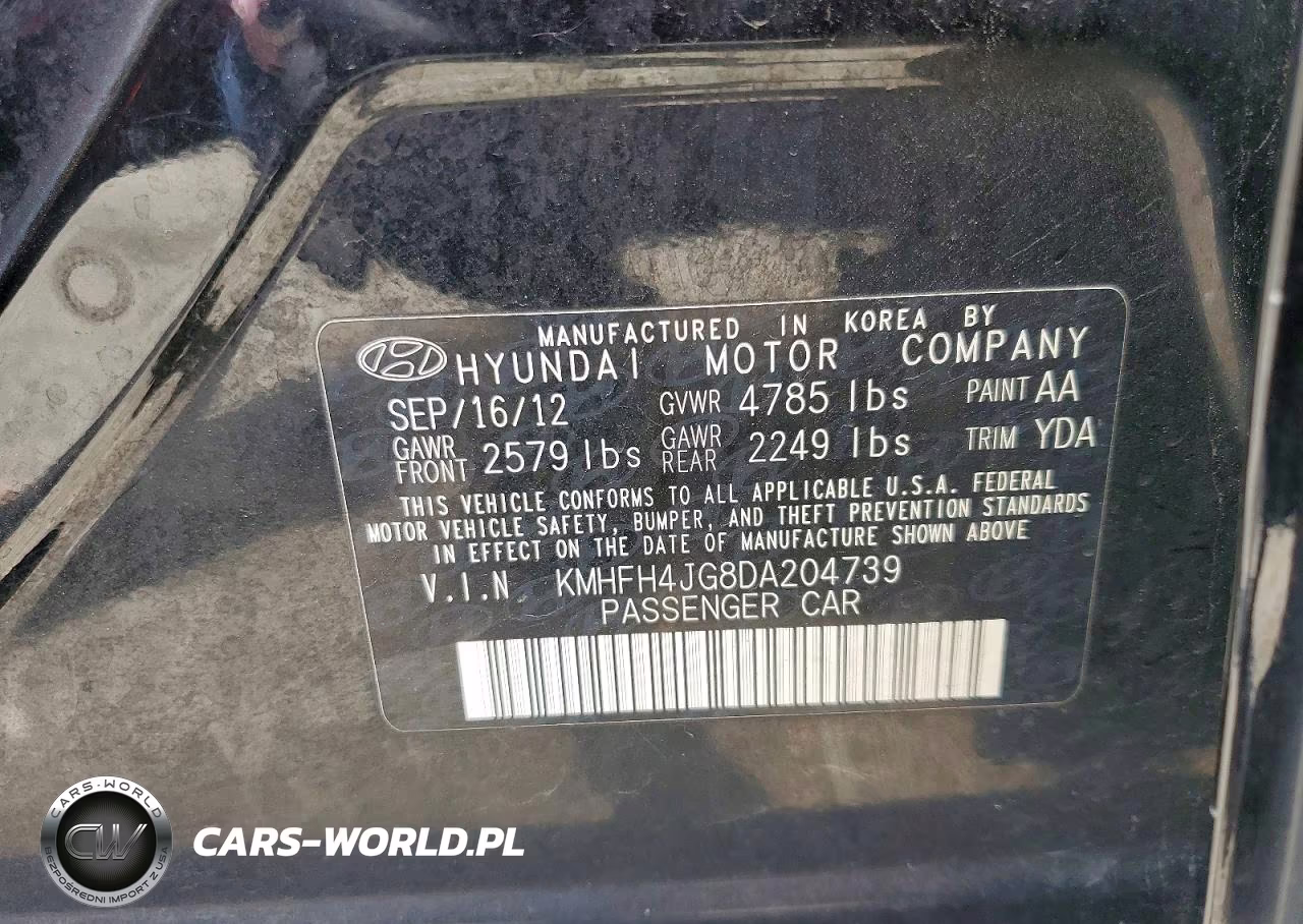2013 Hyundai Azera Base VIN:KMHFH4JG8DA204739 - 12