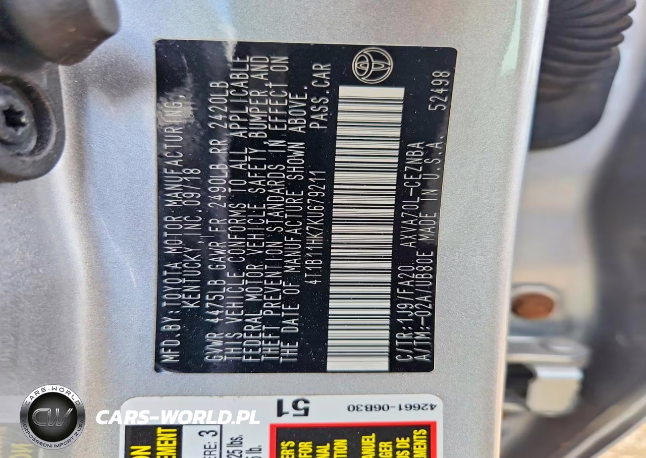2019 Toyota Camry Le VIN:4T1B11HK7KU679211 - 12