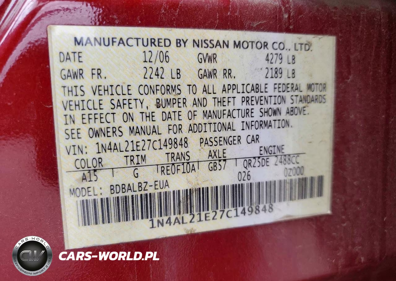 2007 Nissan Altima 2.5 VIN:1N4AL21E27C149848 - 12