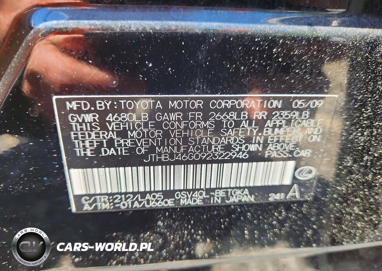 2009 Lexus Es 350 VIN:JTHBJ46G092322946 - 12