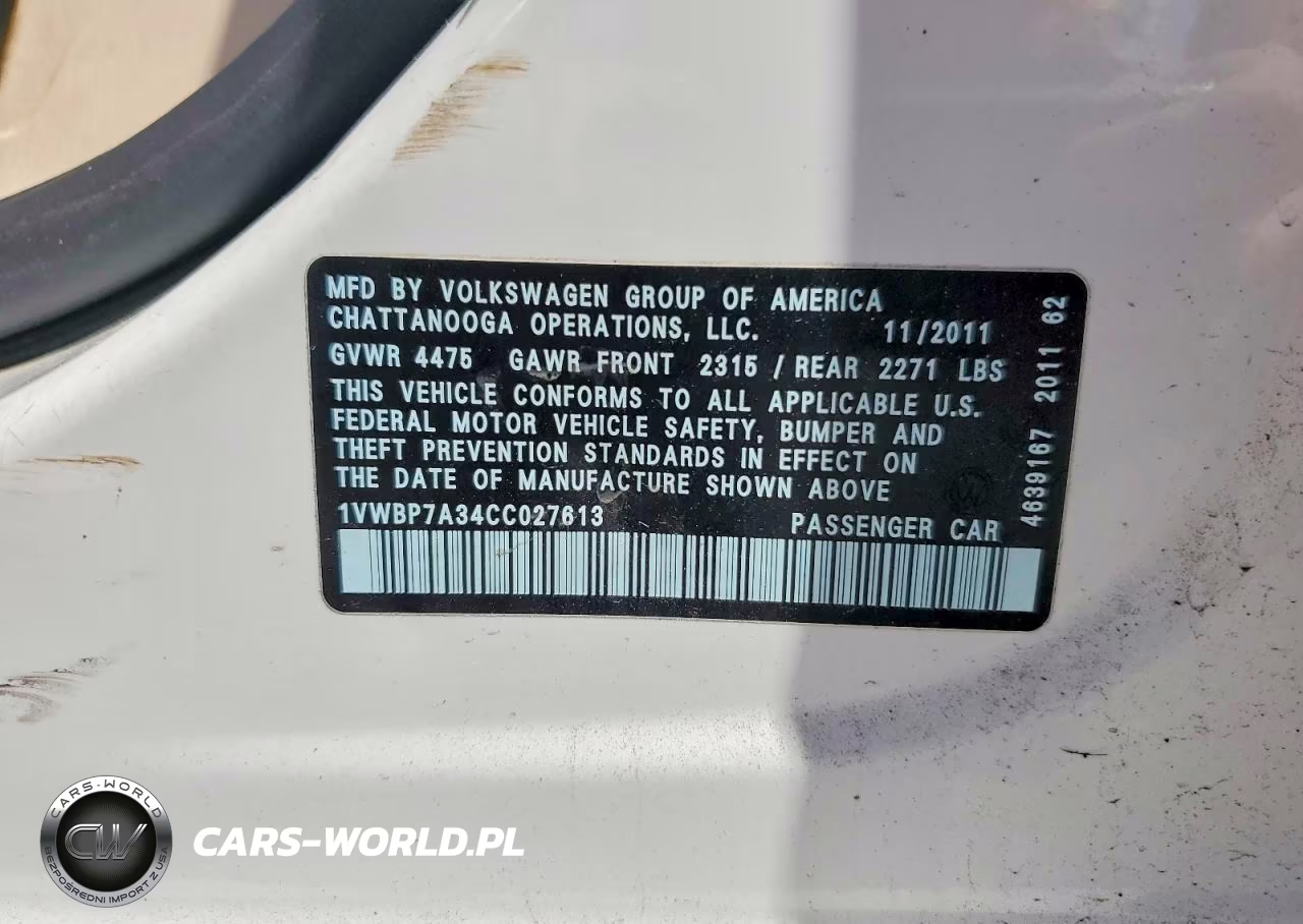 2012 Volkswagen Passat Se VIN:1VWBP7A34CC027613 - 12