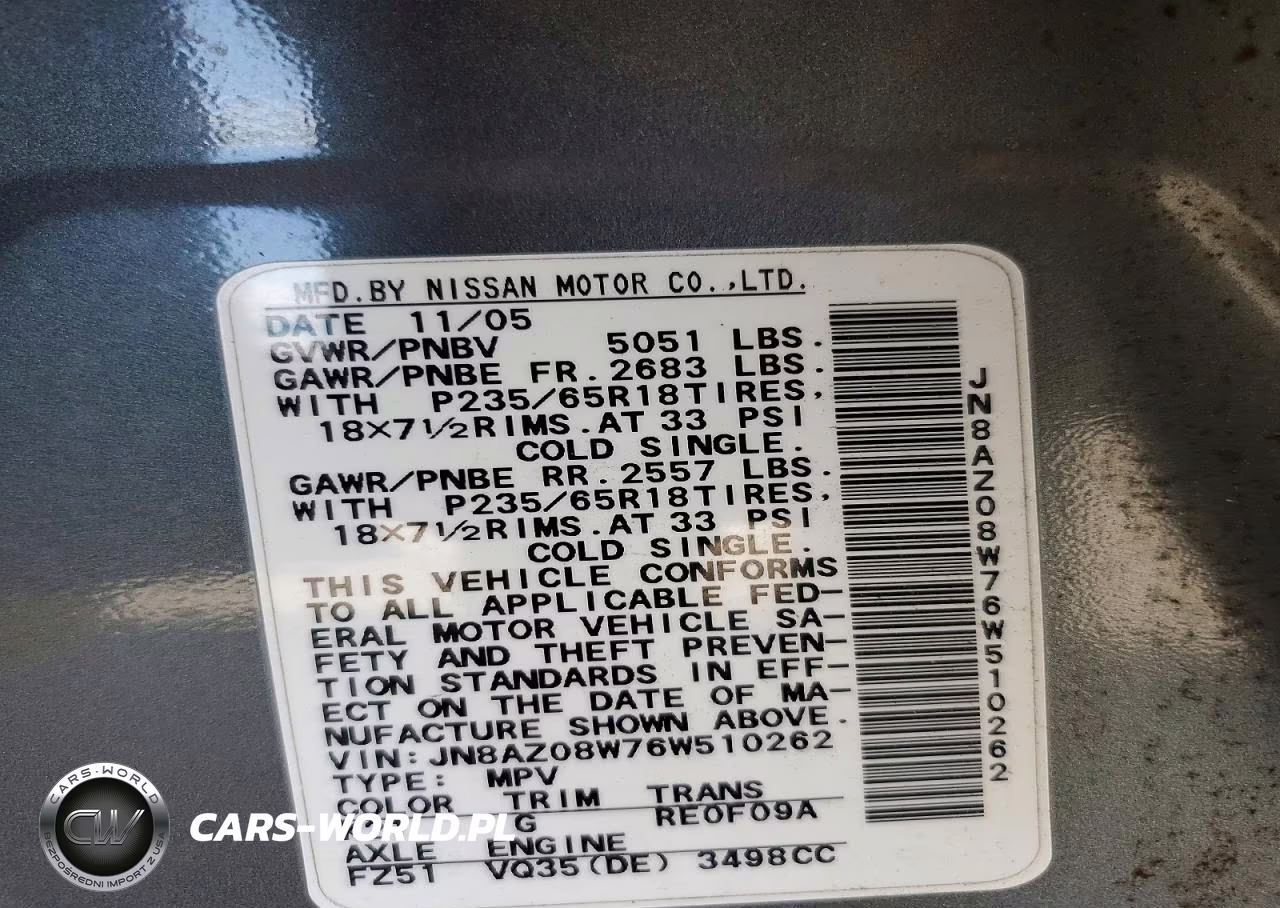 2006 Nissan Murano S VIN:JN8AZ08W76W510262 - 14