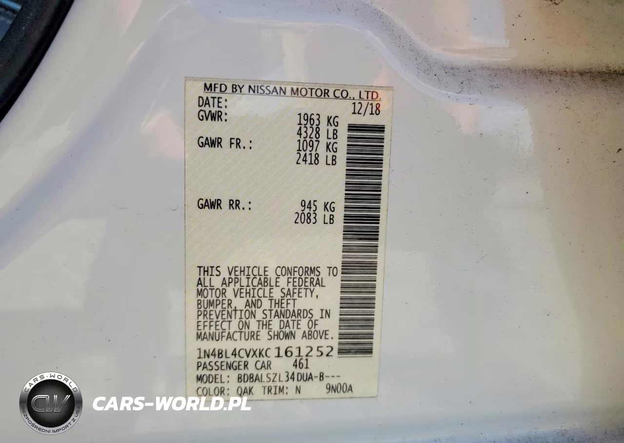 2019 Nissan Altima Sr VIN:1N4BL4CVXKC161252 - 13